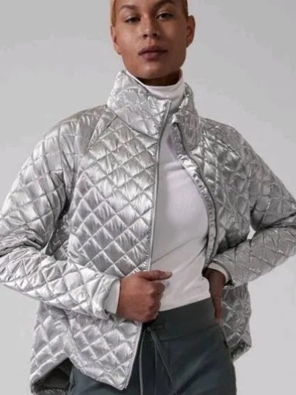 Athleta Metallic Silver Quilted Puffer Jacket